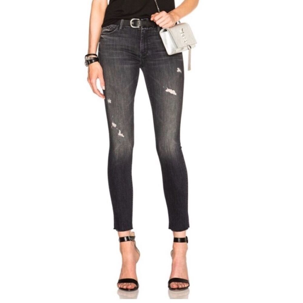 MOTHER The Looker Ankle Fray Black Distressed Skinny Jeans in Crash and Burn 27
